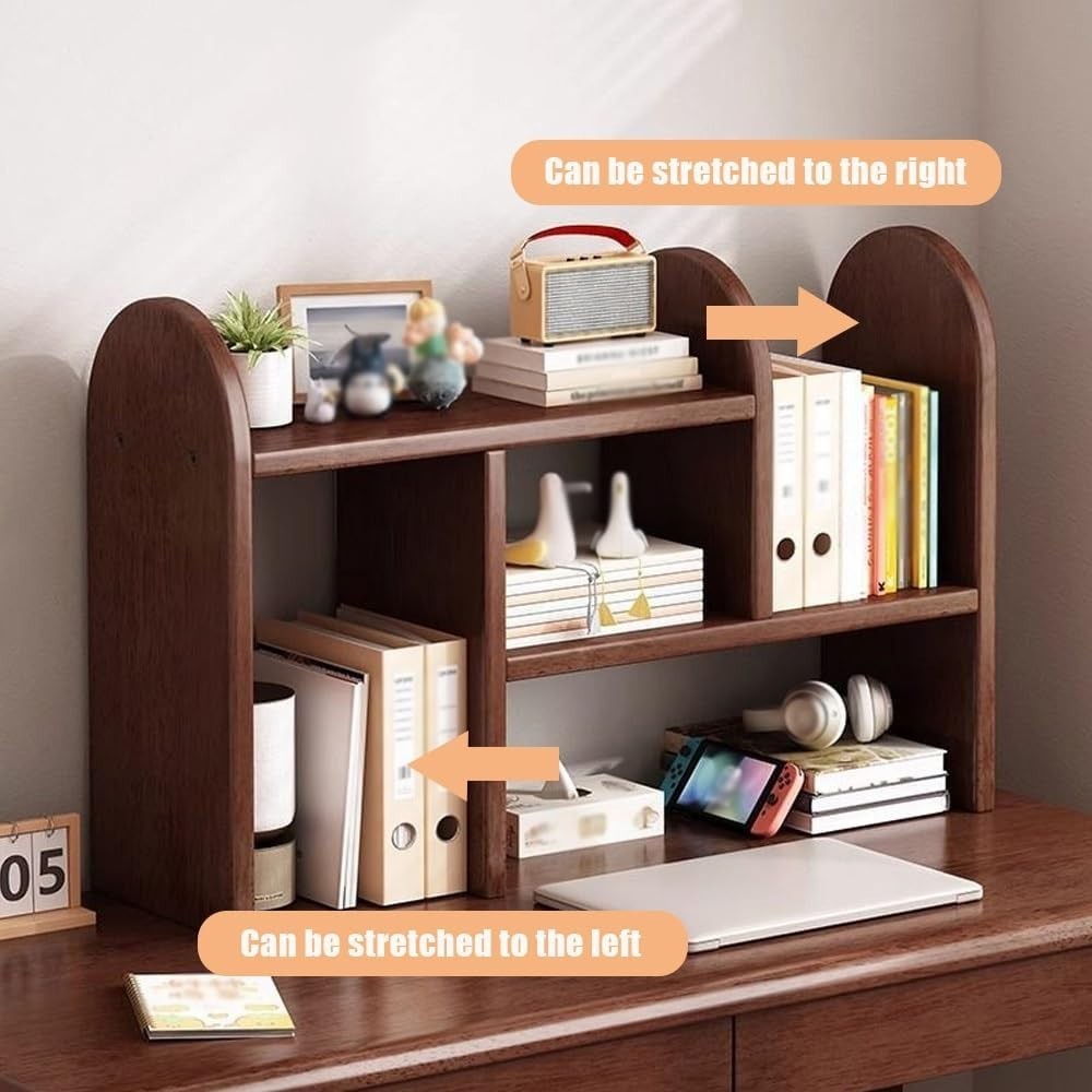 Adjustable Desktop Bookshelf Organizer Expandable Wood Desk Storage Rack