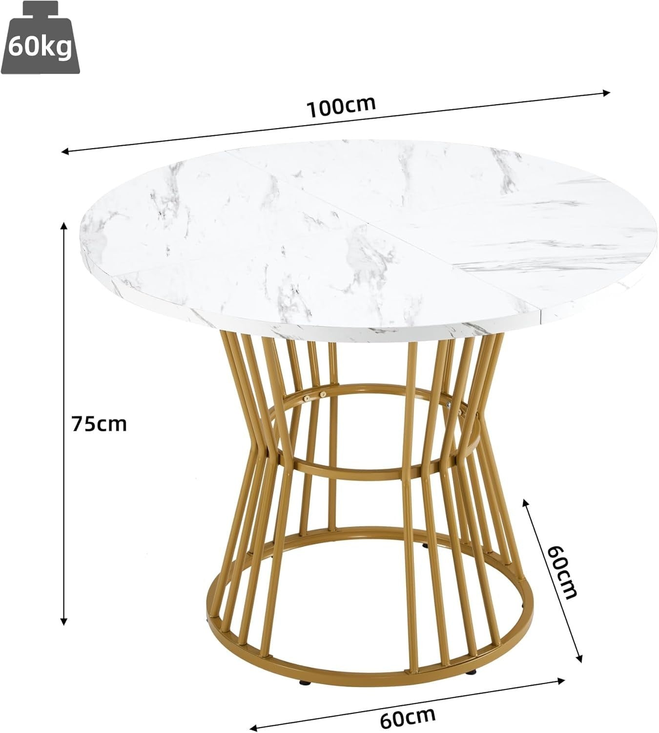 Extendable Folding Dining Table with Storage Drawers Marble White Gold
