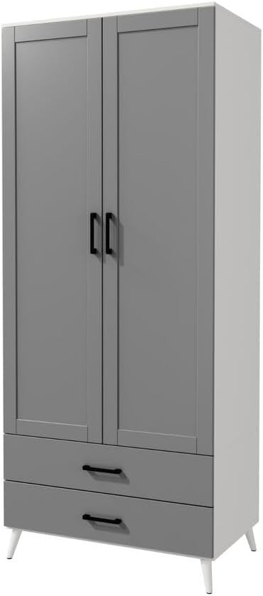 White Grey Modern Wardrobe 2 Doors 2 Drawers Bedroom Clothes Storage Unit