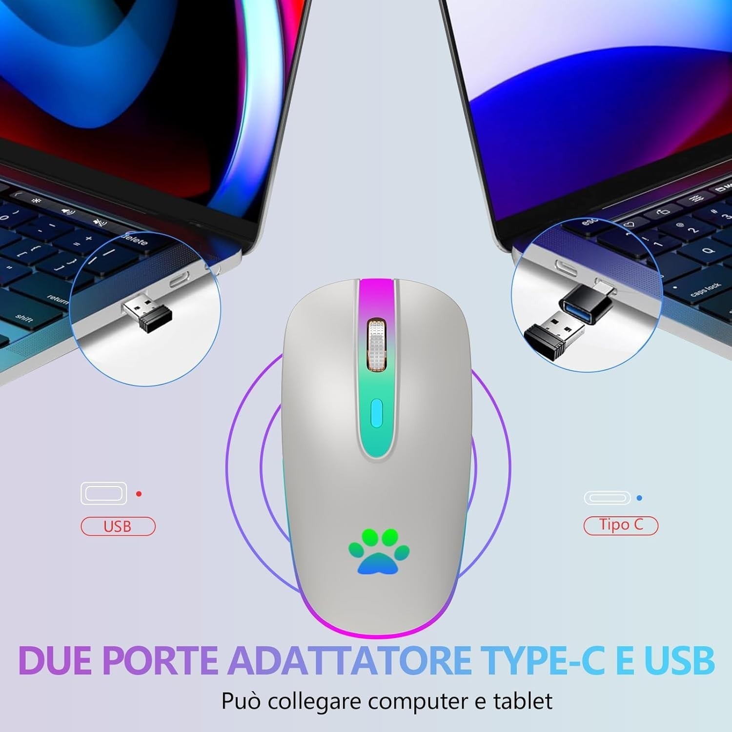 Silver Bluetooth Wireless Mouse 1600 DPI Rechargeable RGB