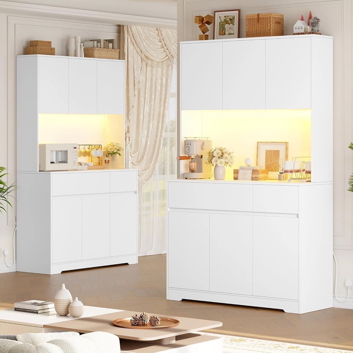 White 180cm Tall Kitchen Cupboard 6 Doors 2 Drawers LED & Power Outlet
