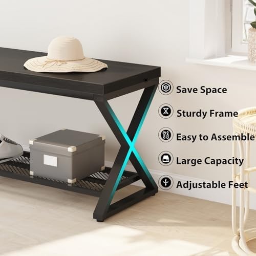 Black Oak Industrial Entryway Storage Bench Metal Frame Shoe Rack Seat 100x36x46
