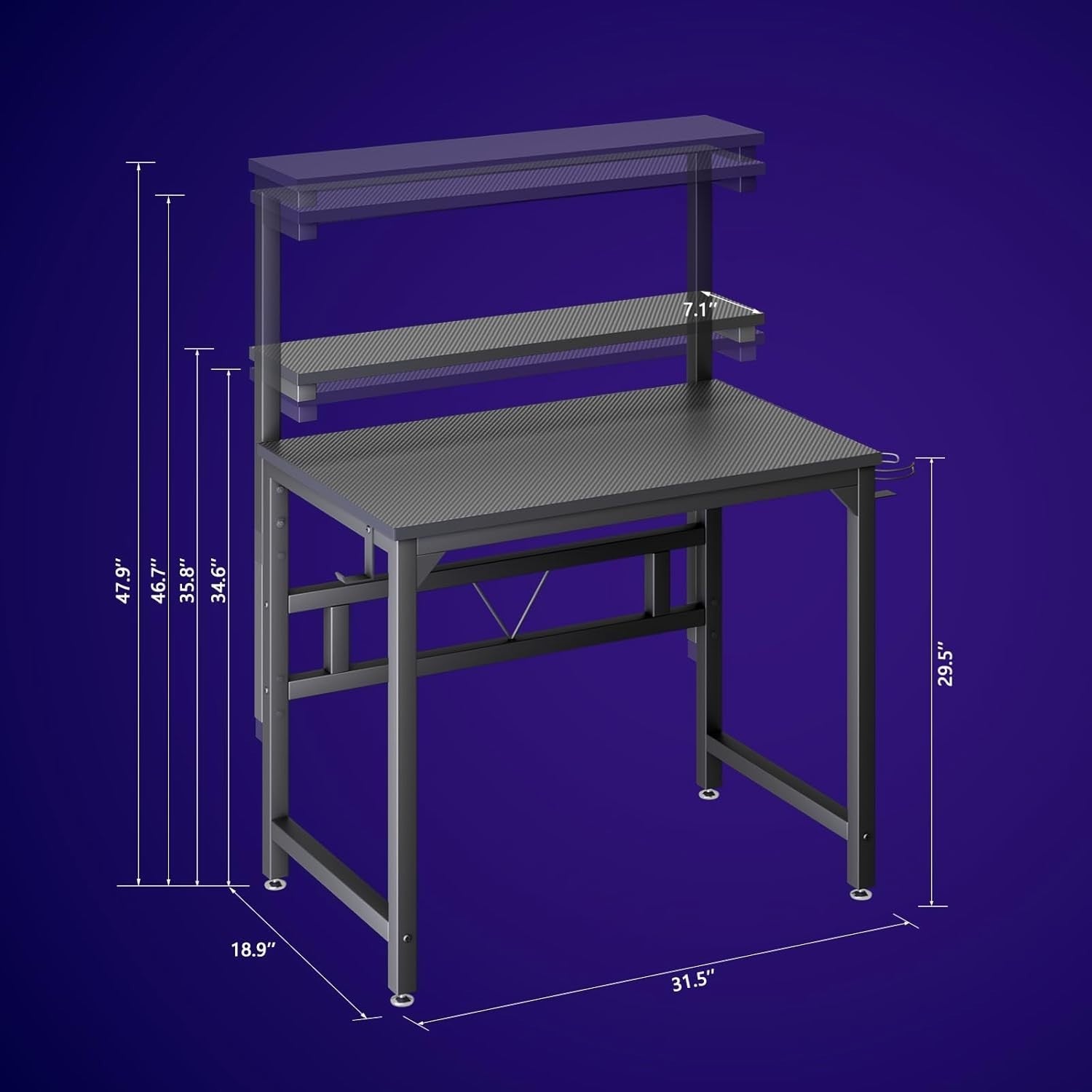 Black 80cm Gaming Desk w/Adjustable Monitor Stand & Cup Holder Office