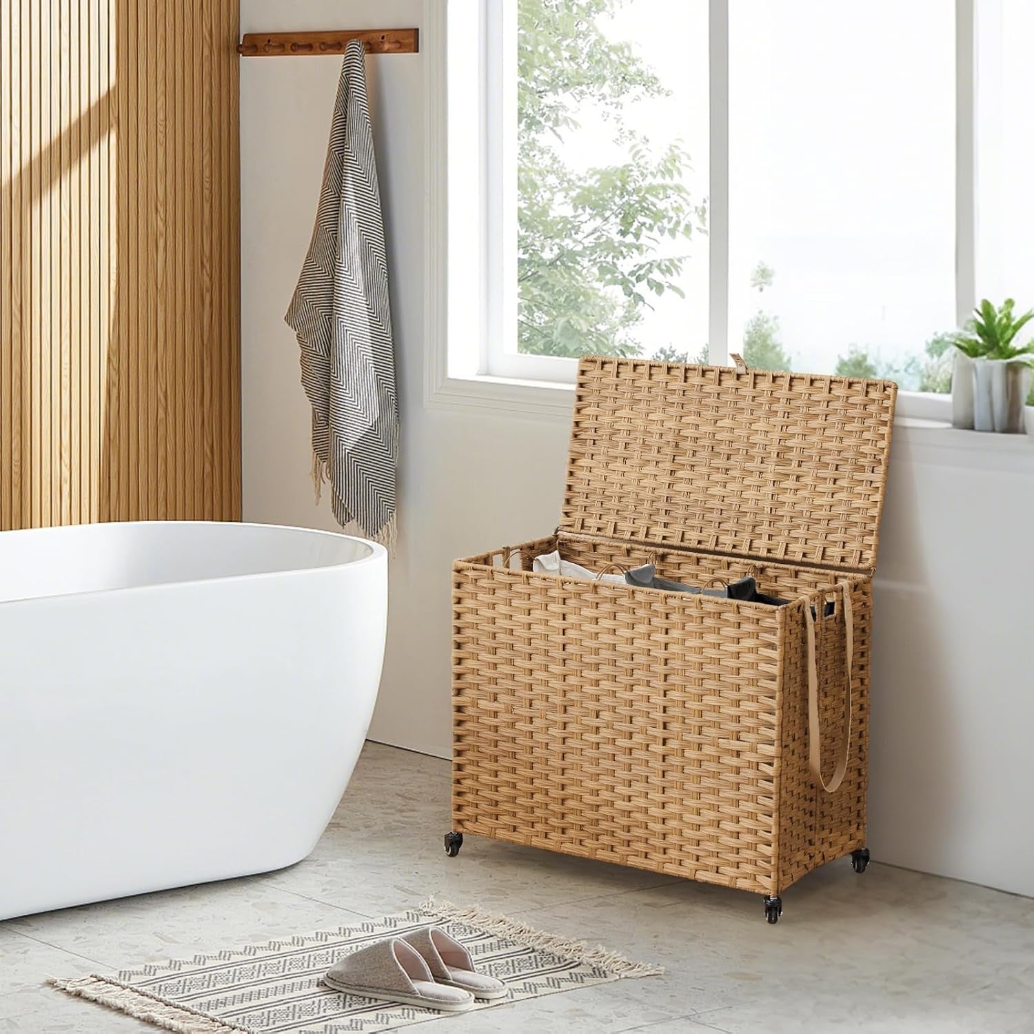 200L Wicker Laundry Hamper on Wheels | 3 Removable Bags & Lid | Large Natural Ba