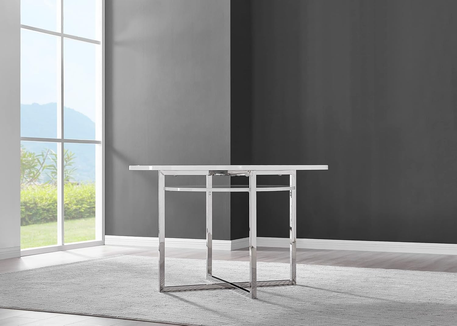 White Round Dining Table High Gloss Chrome Legs Shelf Storage 4 Seater