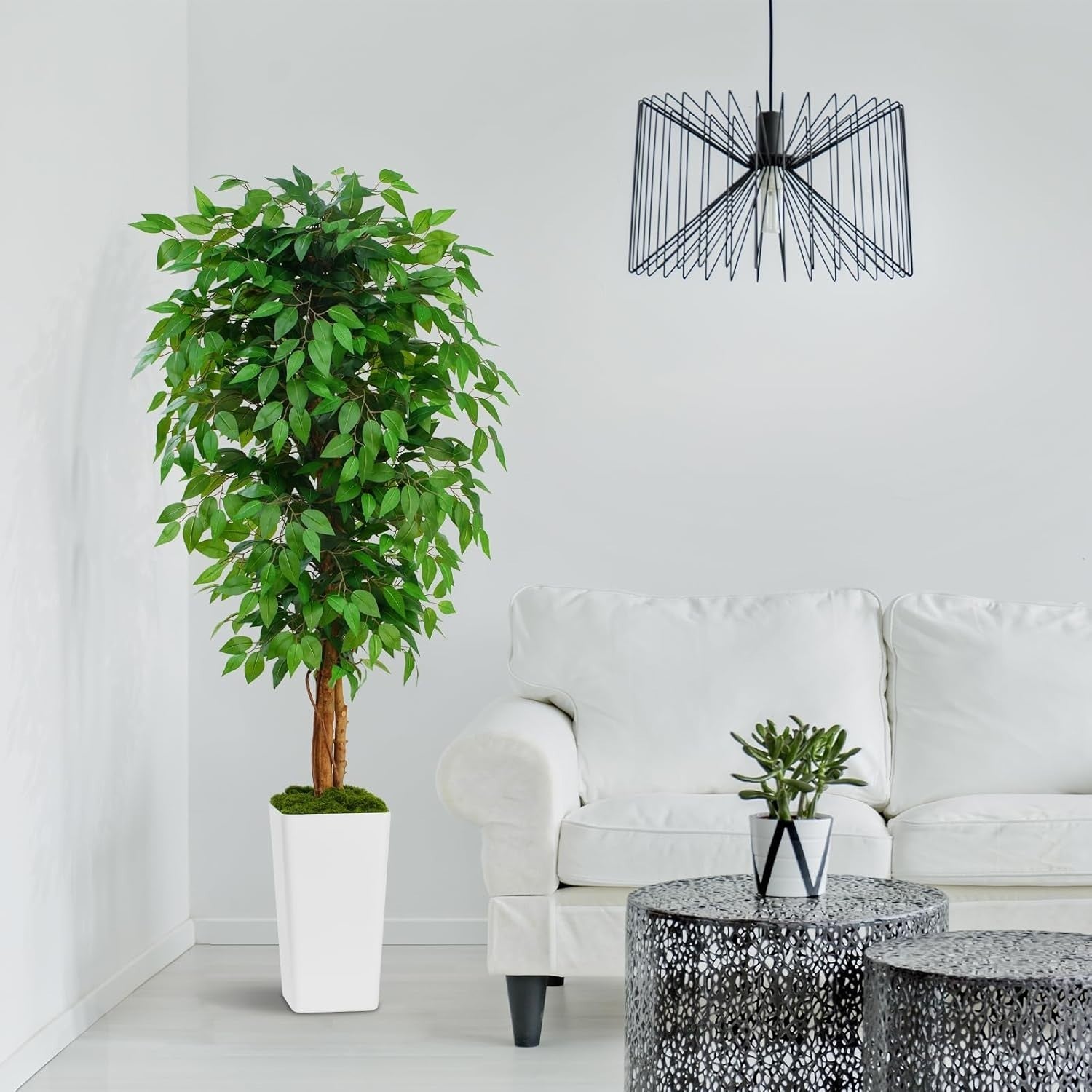 6ft Artificial Ficus Tree Curved Wood Trunks White Planter Lush Faux Home Decor