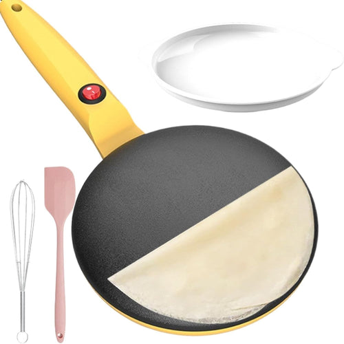 8" Electric Crepe Maker Non Stick Pancake Maker with Handle & Tray Yellow