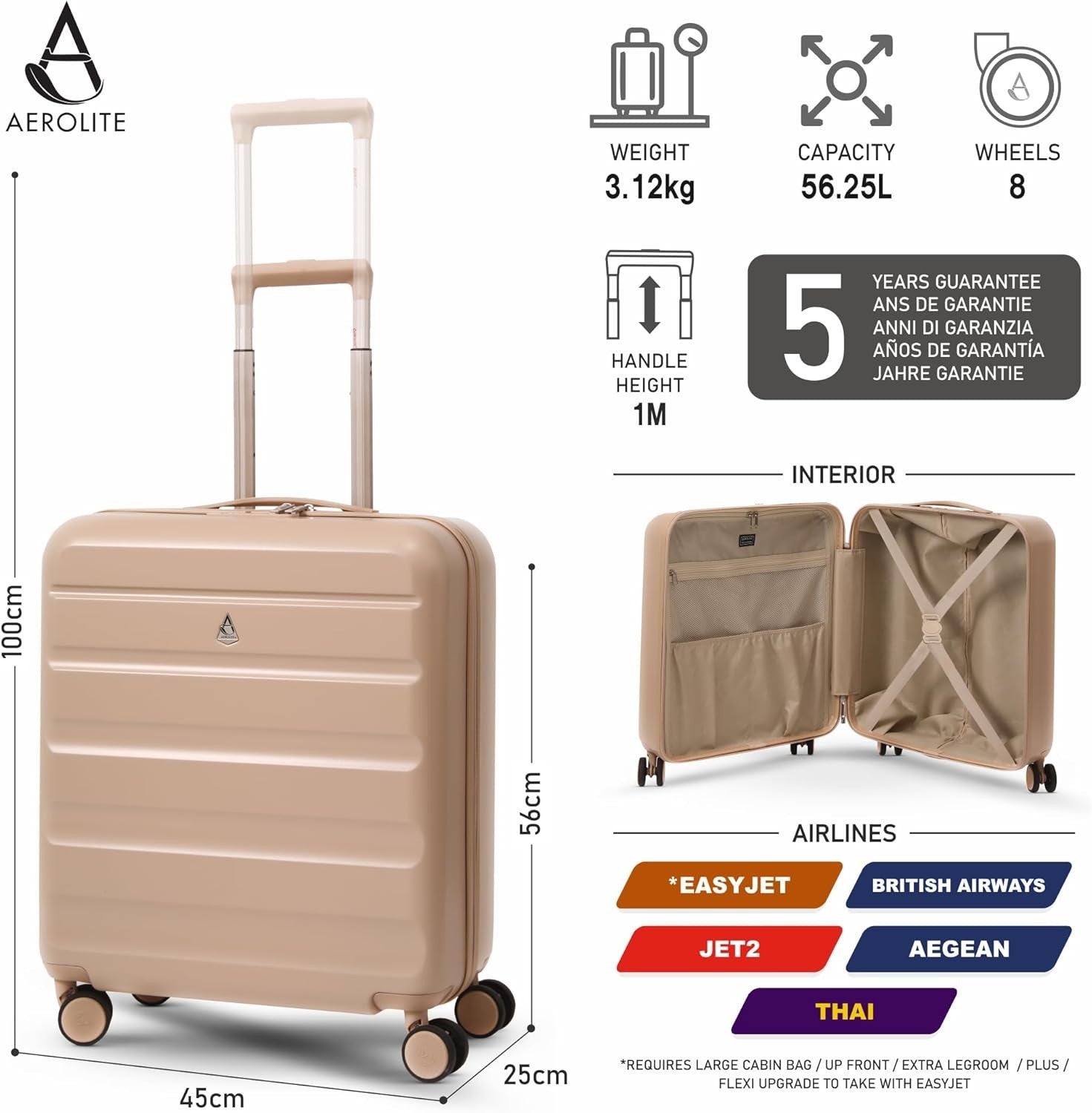 56x45x25 Cabin Suitcase ABS Hard Shell 8 Wheel Carry On TSA Lock 46L