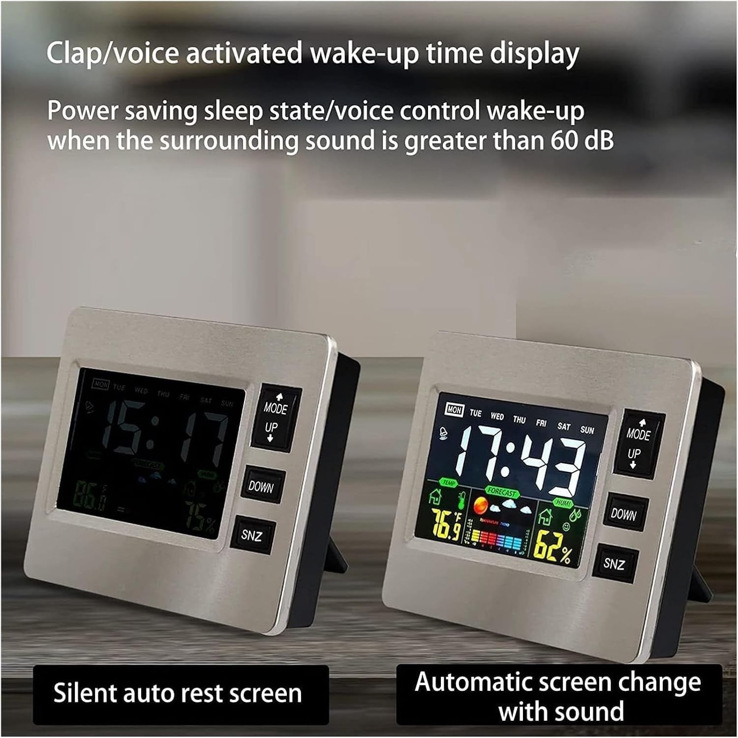 Digital Alarm Clock Weather Humidity Display Loud Volume Bedside Desk Clock