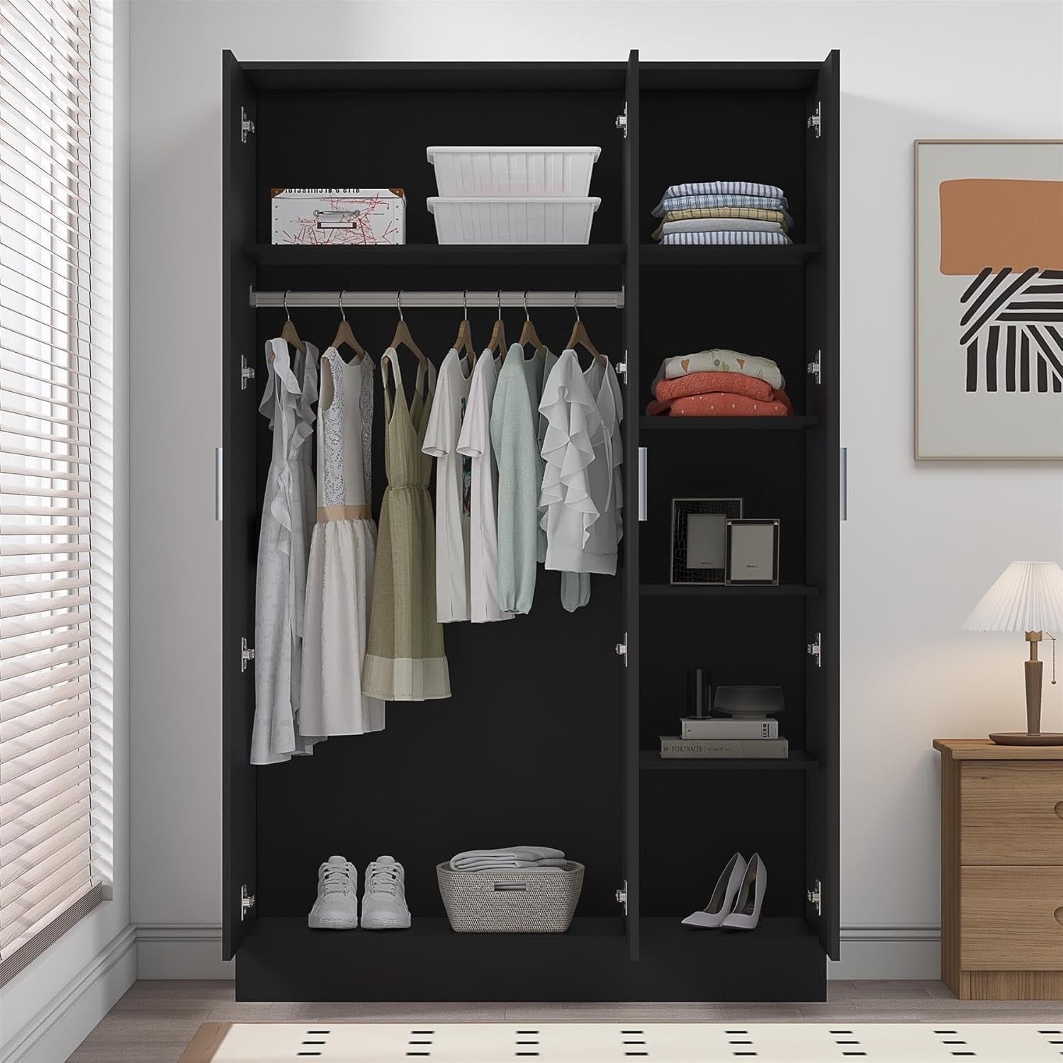 3 Door Mirrored Wardrobe Black Gloss & Black Oak with Shelves & Hanging Rail