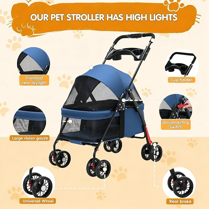 Small Dog Pet Stroller Foldable 4 Wheel Travel Pushchair with Rain Cover