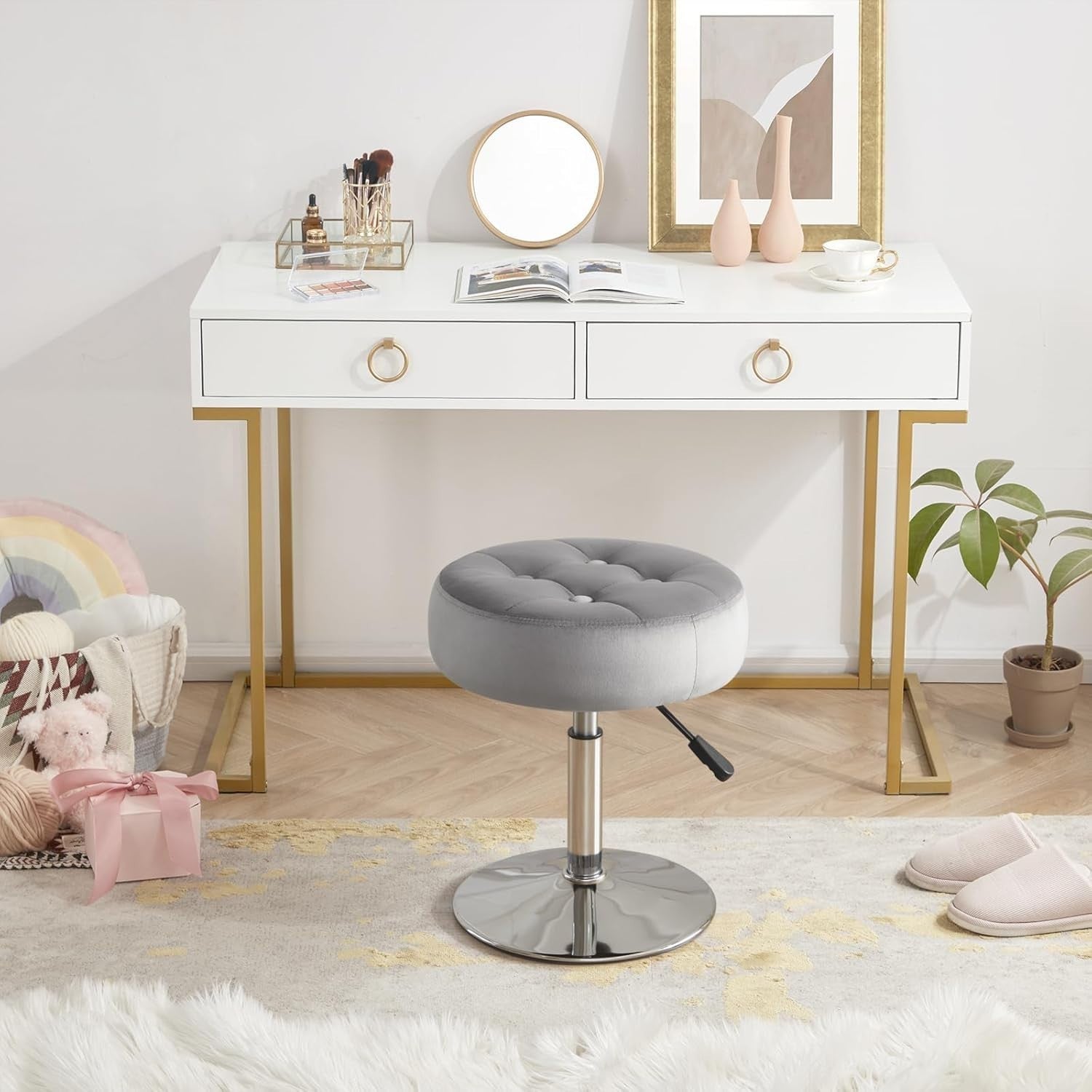 Grey Velvet Adjustable Vanity Chair – Round Swivel Makeup Stool Chrome Base