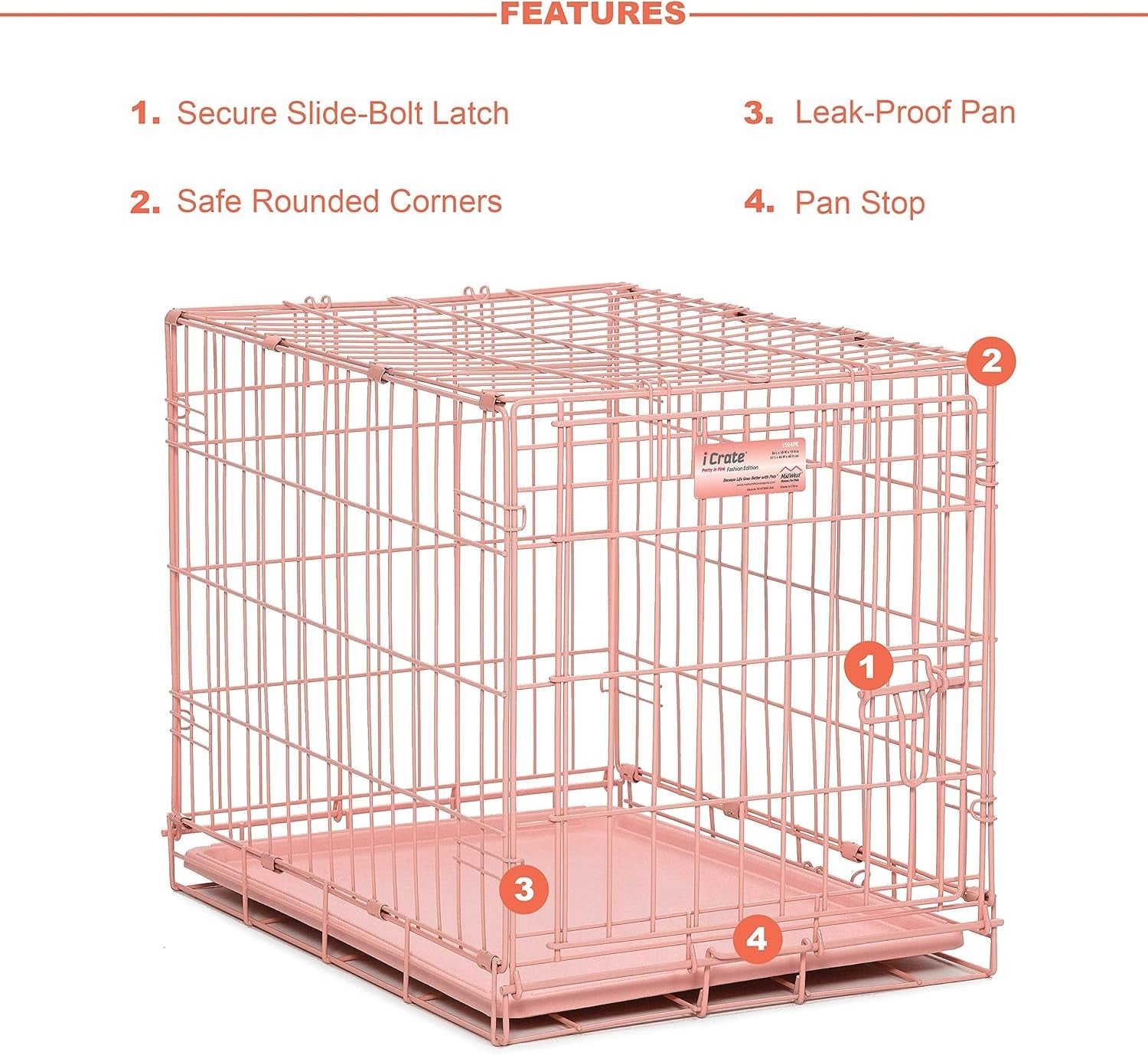 Pink Small Single Door Dog Crate 62x44x49cm with Divider & Leak-Proof Pan