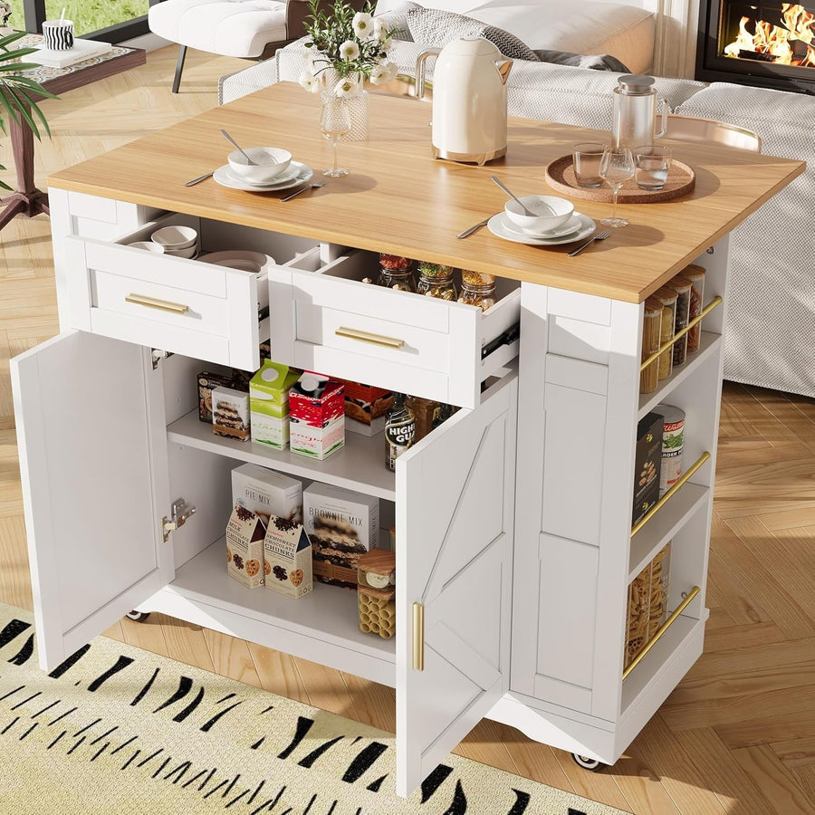 Kitchen Island Cart with Folding Tabletop, Drawers & Storage Shelves, White