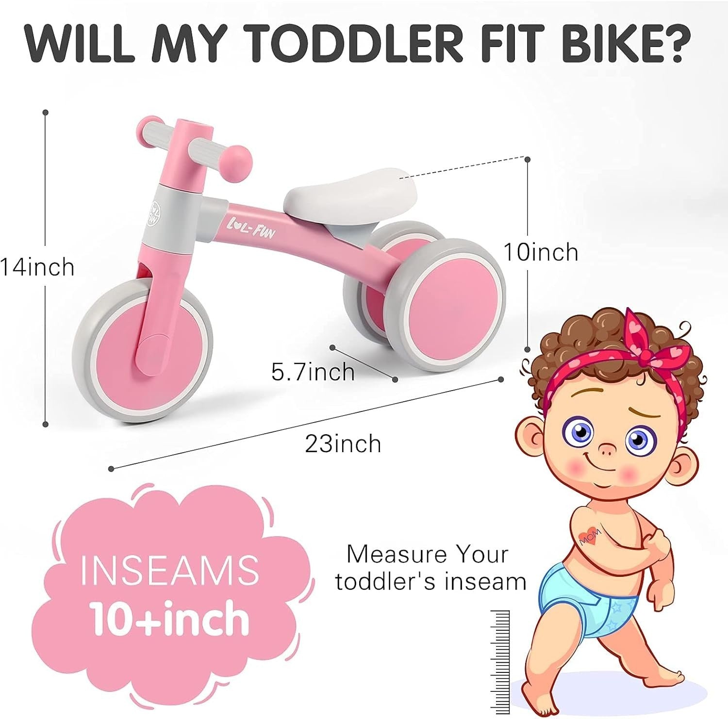 Baby Balance Bike Pink Toddler Ride On Toy 12-24 Months No Pedal Trike