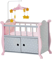 Wooden Baby Doll Cot with Storage Cushion Bedding Mobile Grey Pink 57x31x79cm