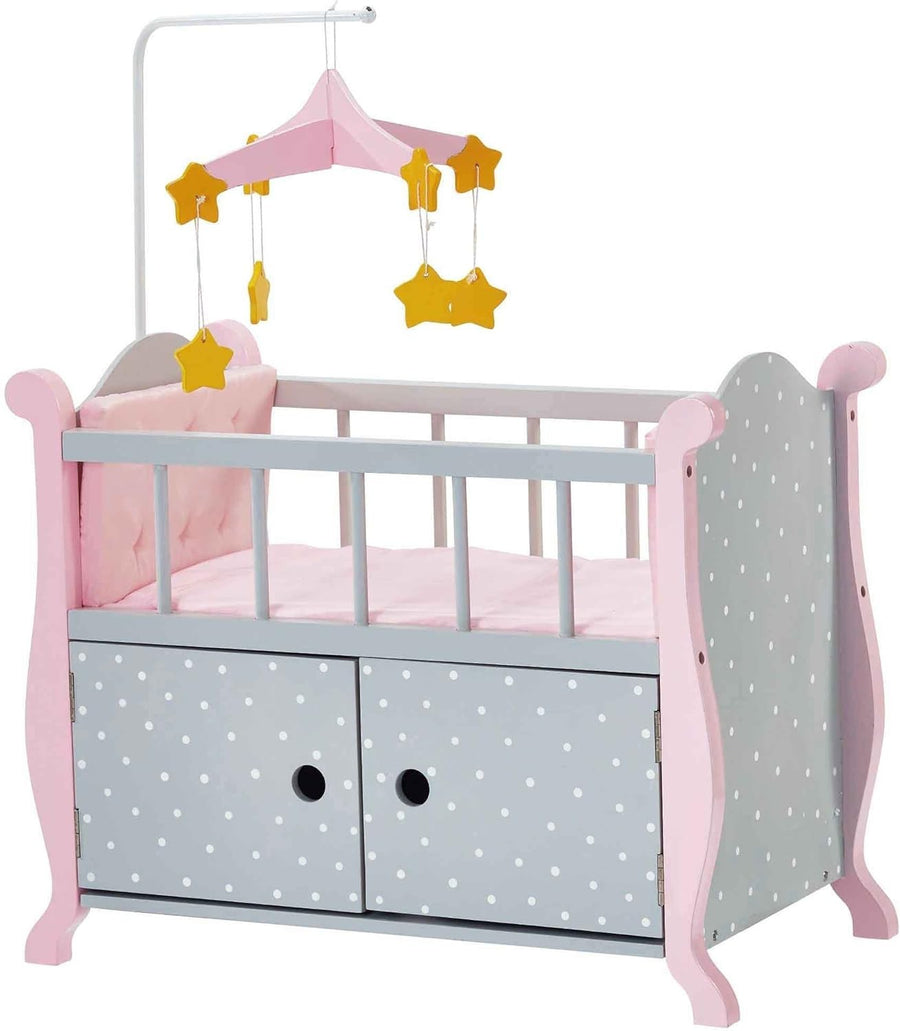 Wooden Baby Doll Cot with Storage Cushion Bedding Mobile Grey Pink 57x31x79cm