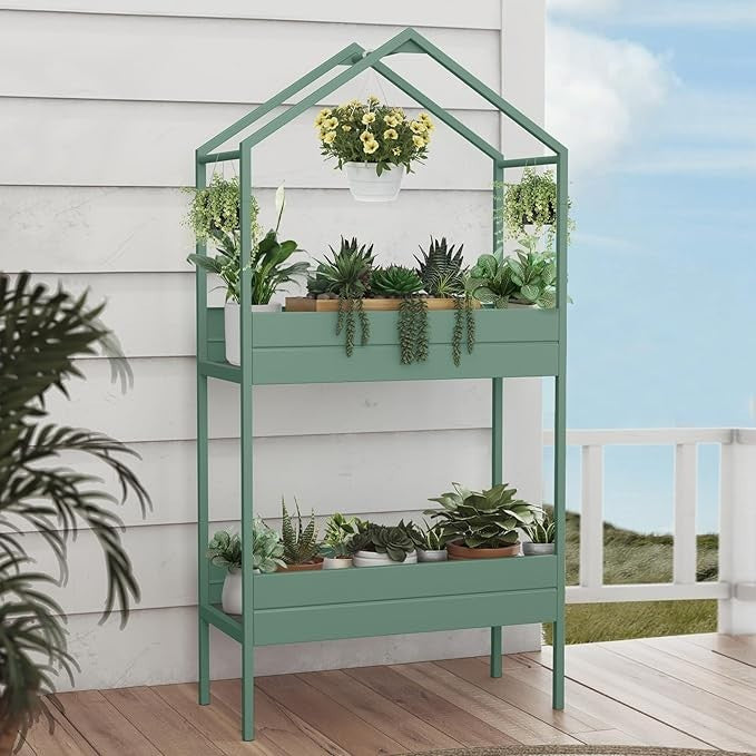2 Tier Metal Plant Stand Green Indoor Outdoor Garden Shelf 75x35x150cm