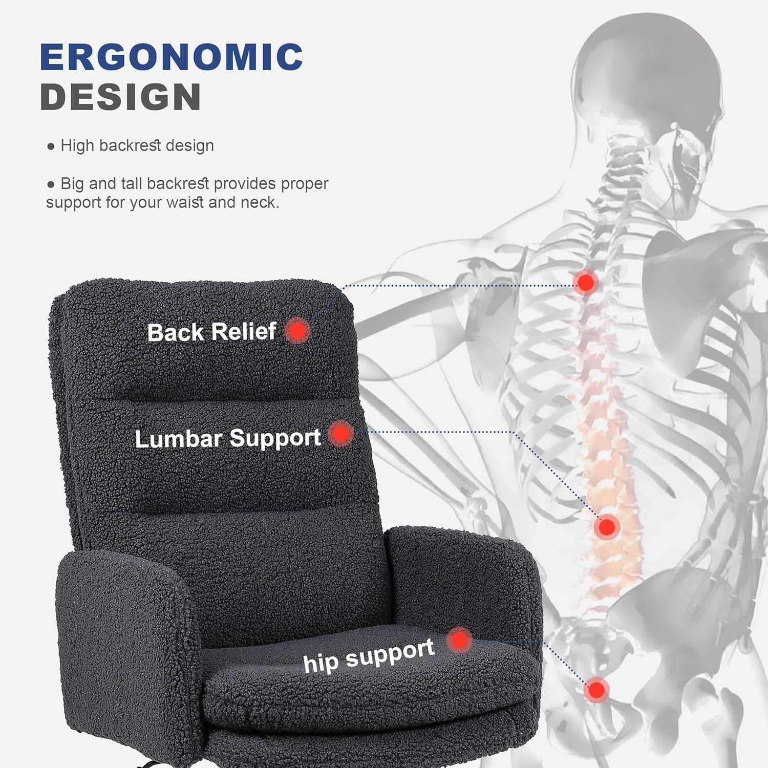 Ergonomic Desk Chair Dark Grey Cashmere High Back Swivel Office Computer Seat