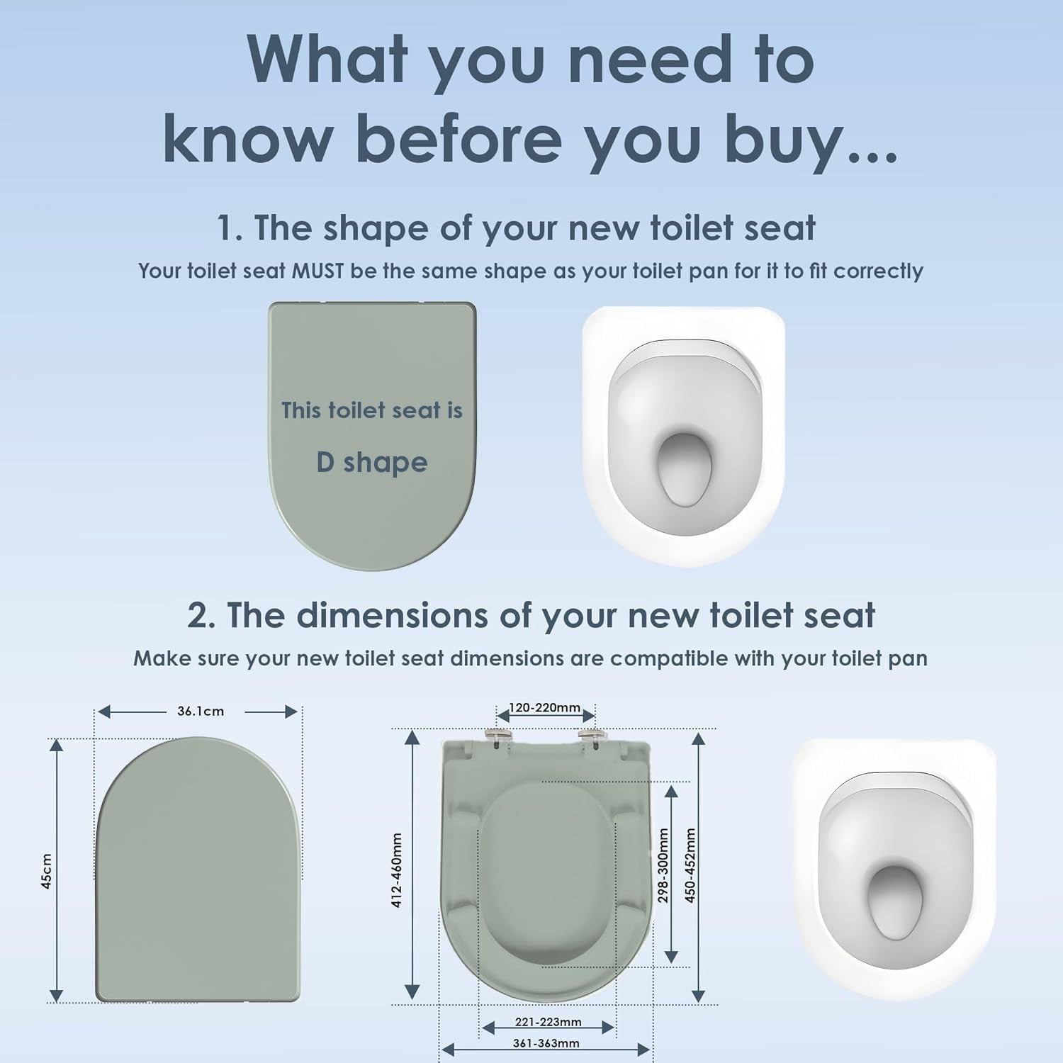 Sage D-Shaped Toilet Close Thermoplastic Quick Release Top & Bottom Fix 45x36cm