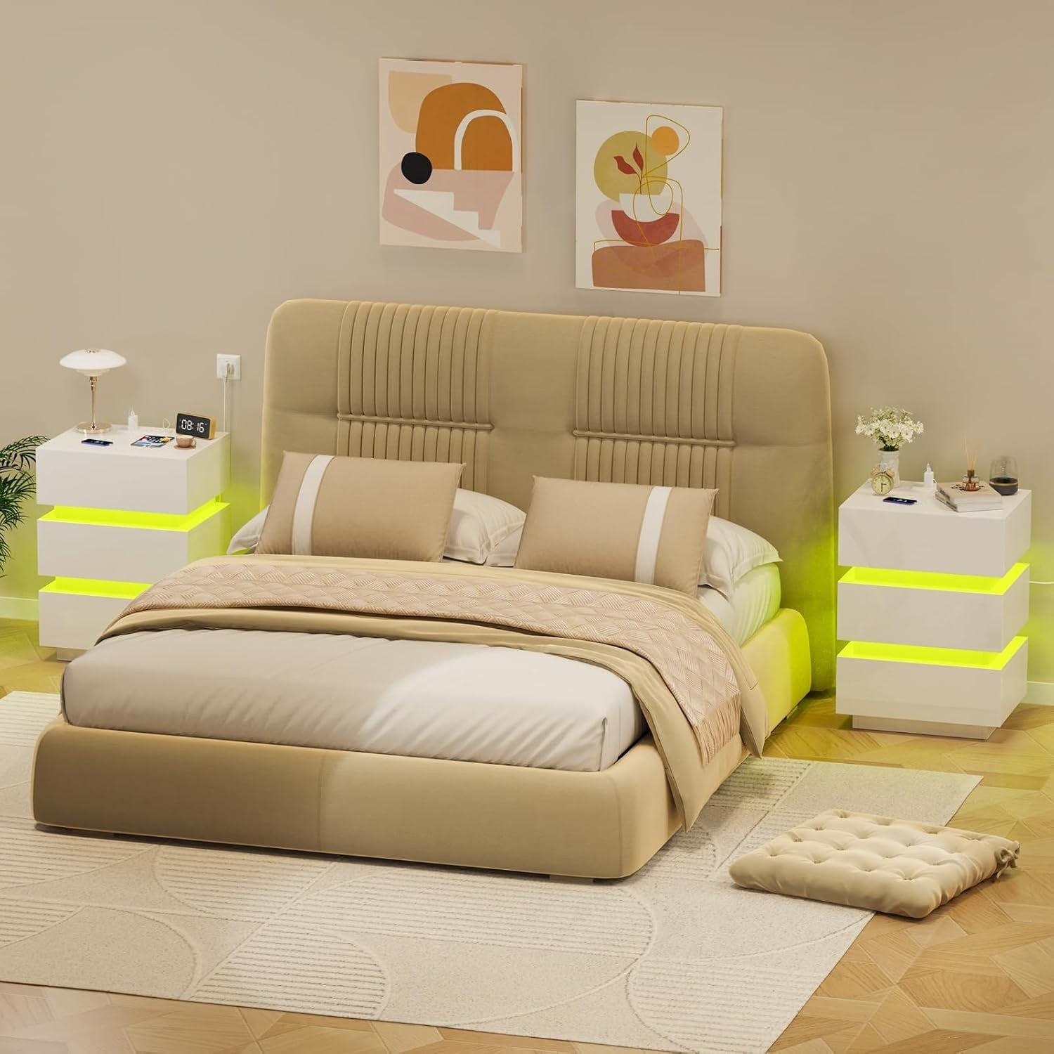 White LED Bedside Table with Power Socket, RGB Lights & 3 Drawers – Modern