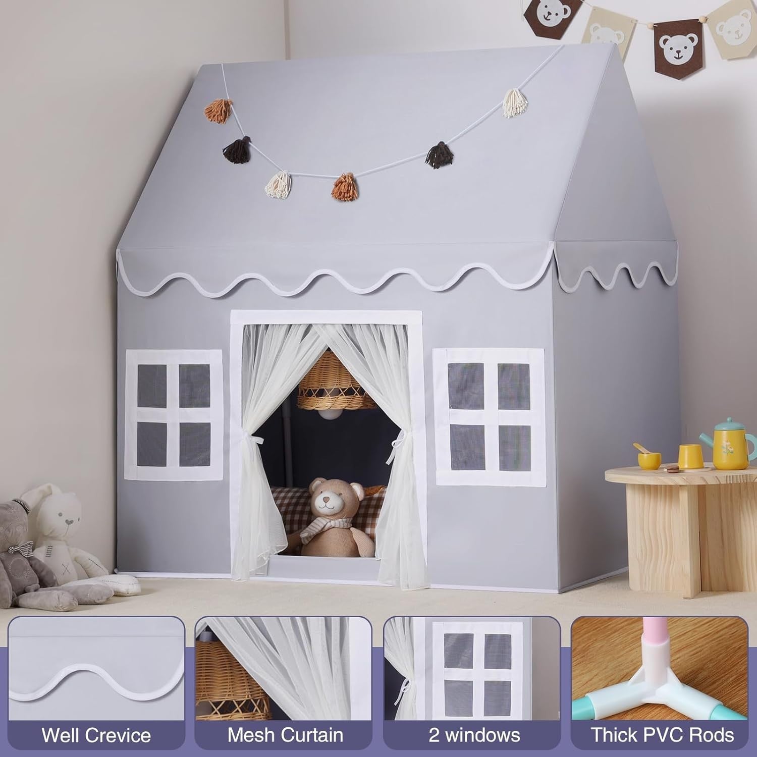 Kids Play Tent with Padded Mat Indoor Fairy Tale Playhouse Grey