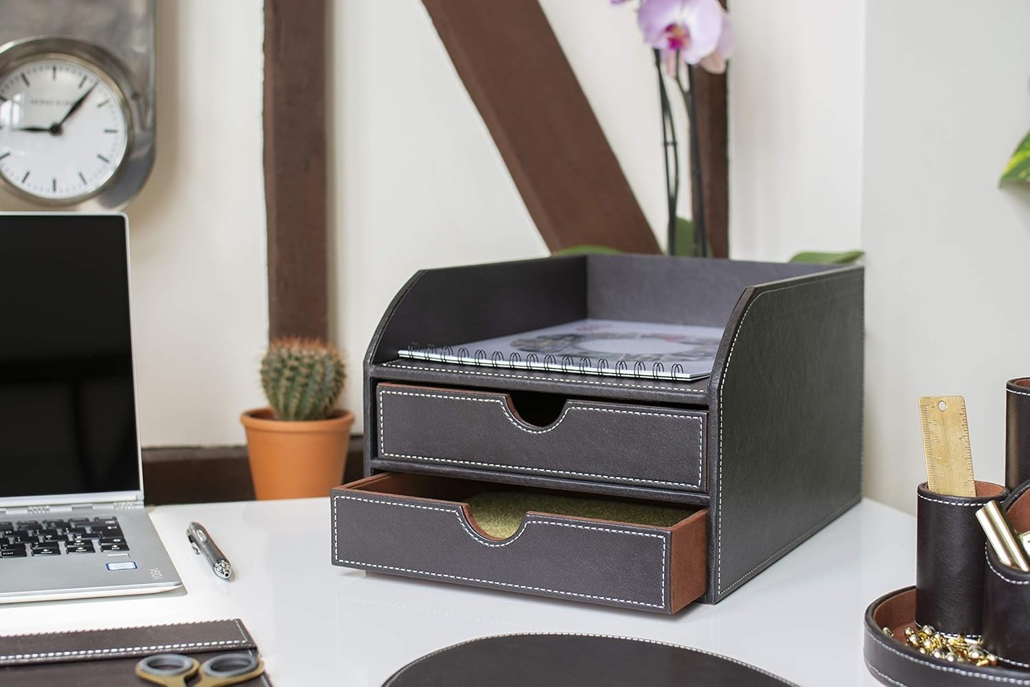 Faux Leather 2-Tier Desk Paper Sorter A4 Document File Organiser