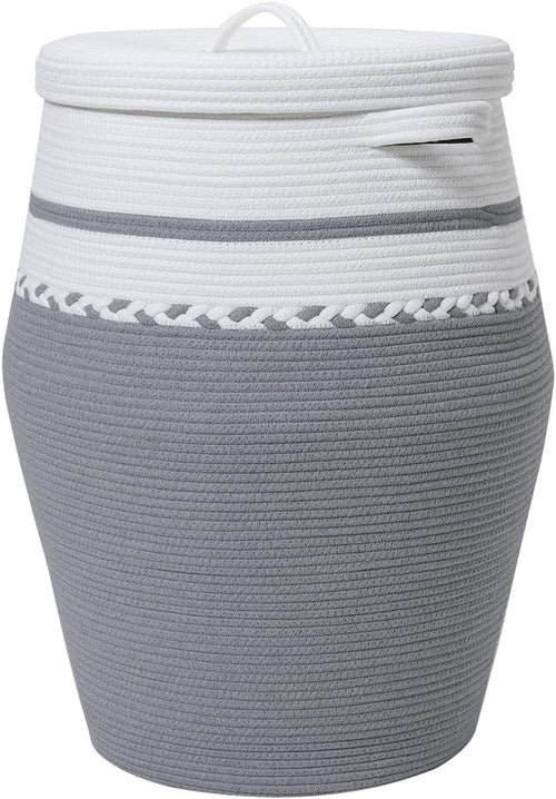 XL 26" White Grey Cotton Rope Laundry Basket with Lid Large Woven Storage Bin