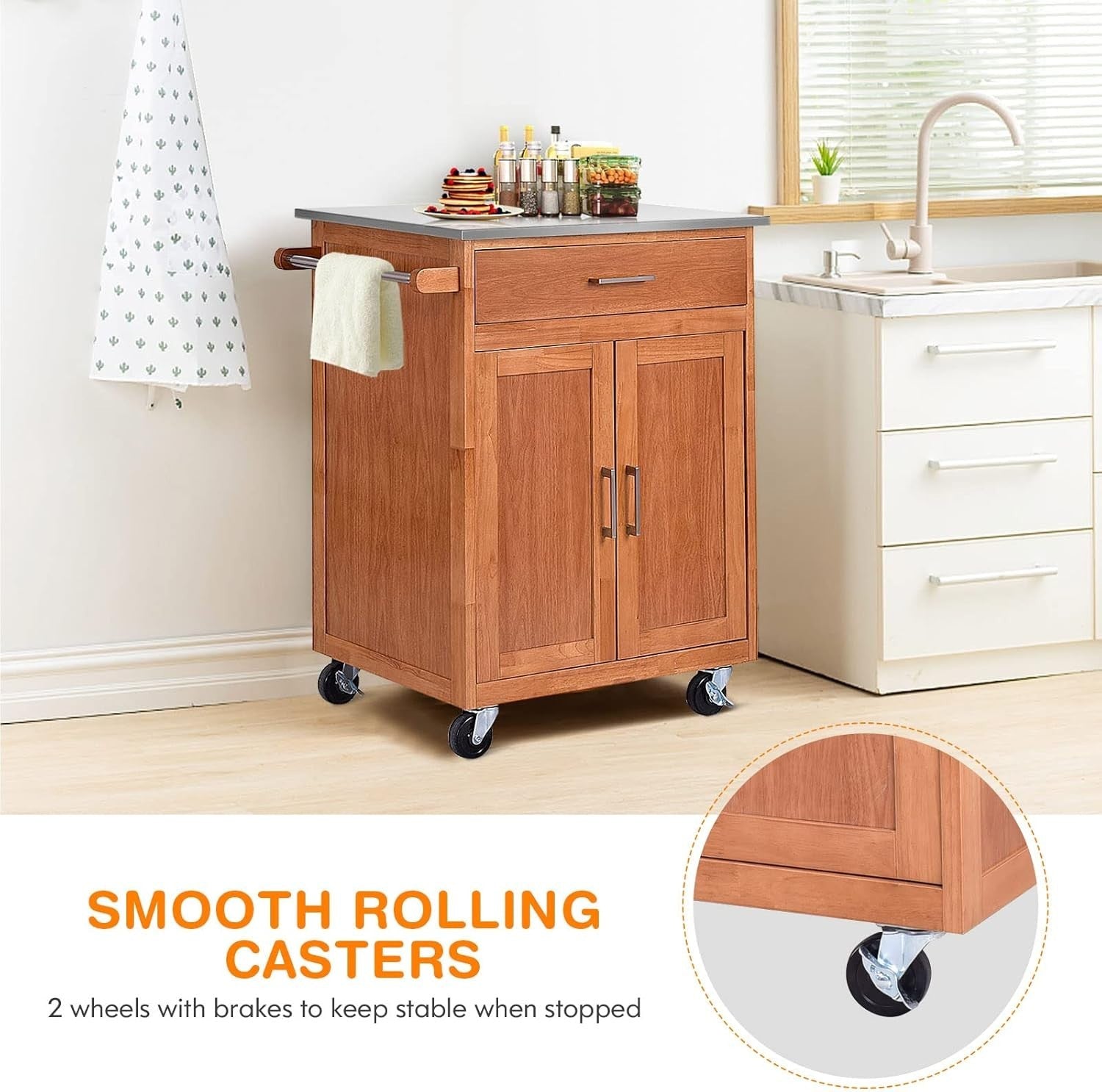 Kitchen Island Trolley Stainless Steel Top Cabinet Cart