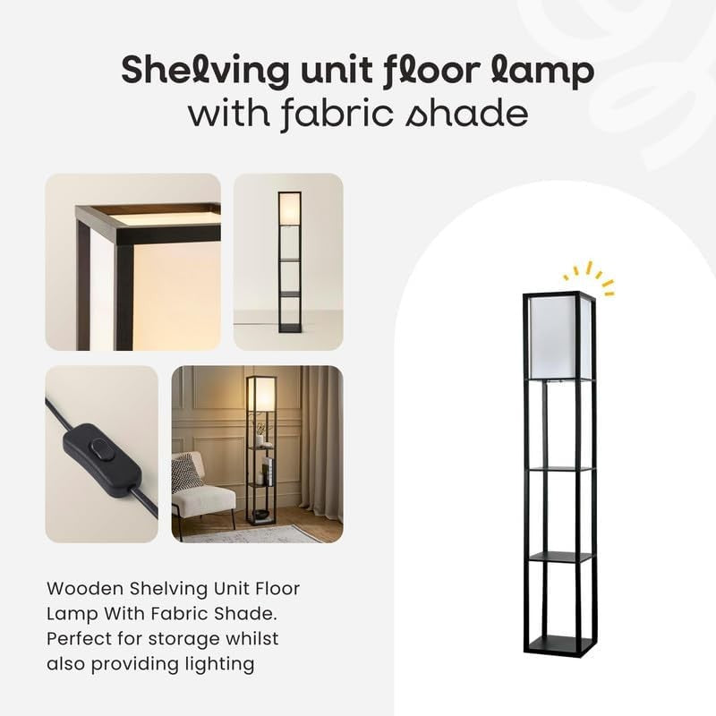 White Wooden Floor Lamp with Shelves Modern Standing Light Storage