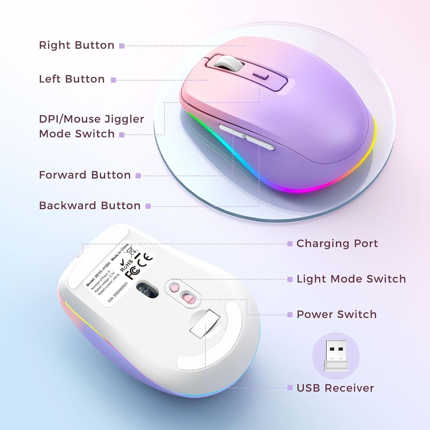 RGB Wireless Mouse Rechargeable Silent USB Jiggler Pink Purple