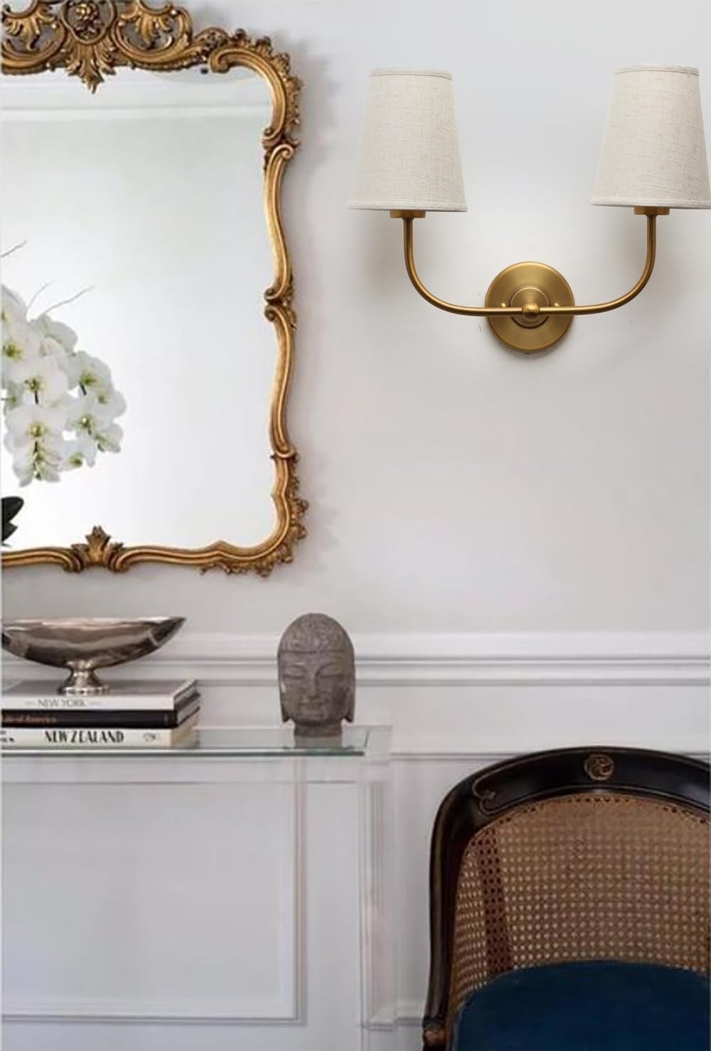Antique 2-Light Wall Sconce Linen Fabric Shades Bedroom & Bathroom Lamp