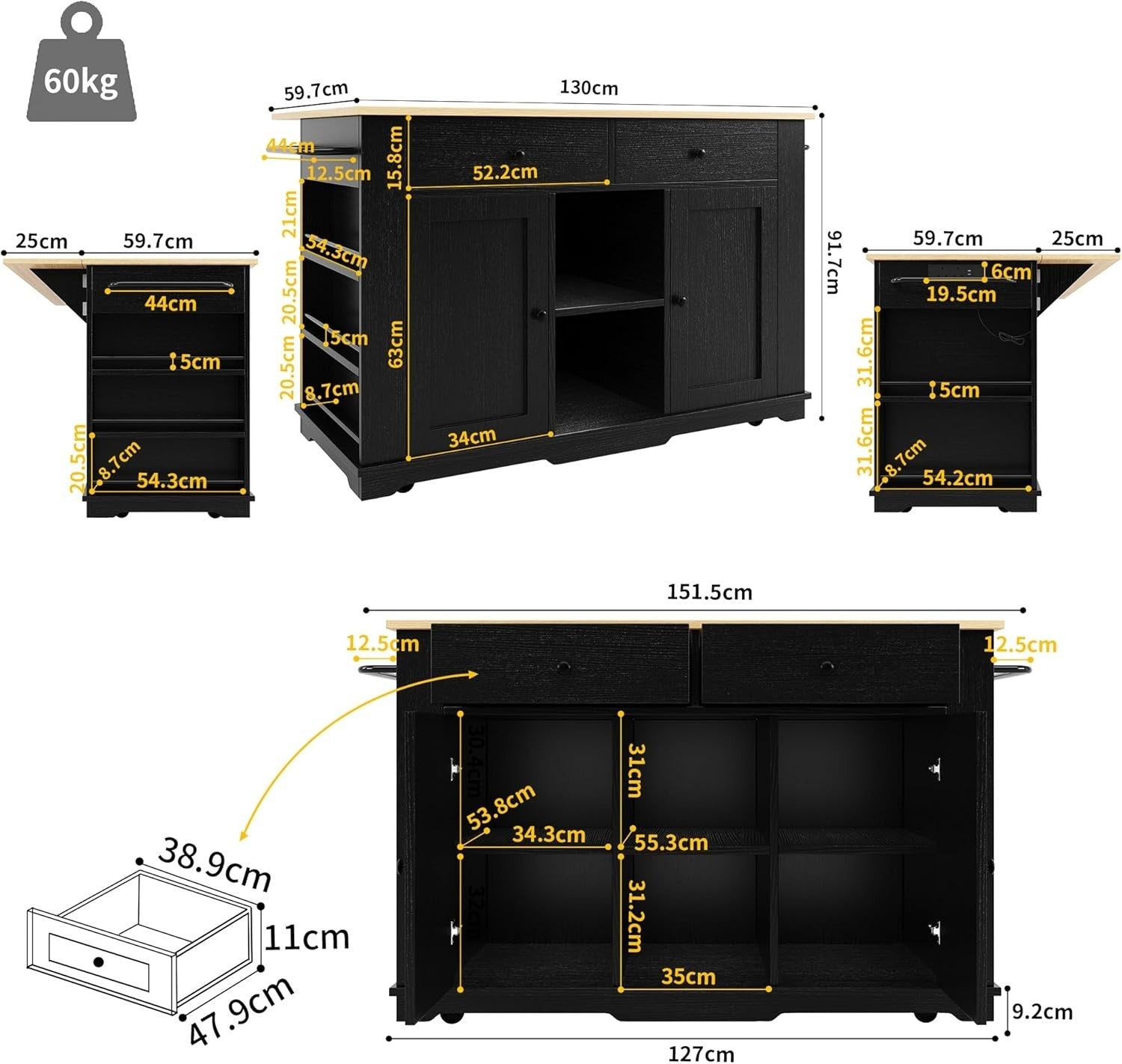 Kitchen Island Trolley with Foldable Side & Drawers Black 151.5x84.7x91.7cm