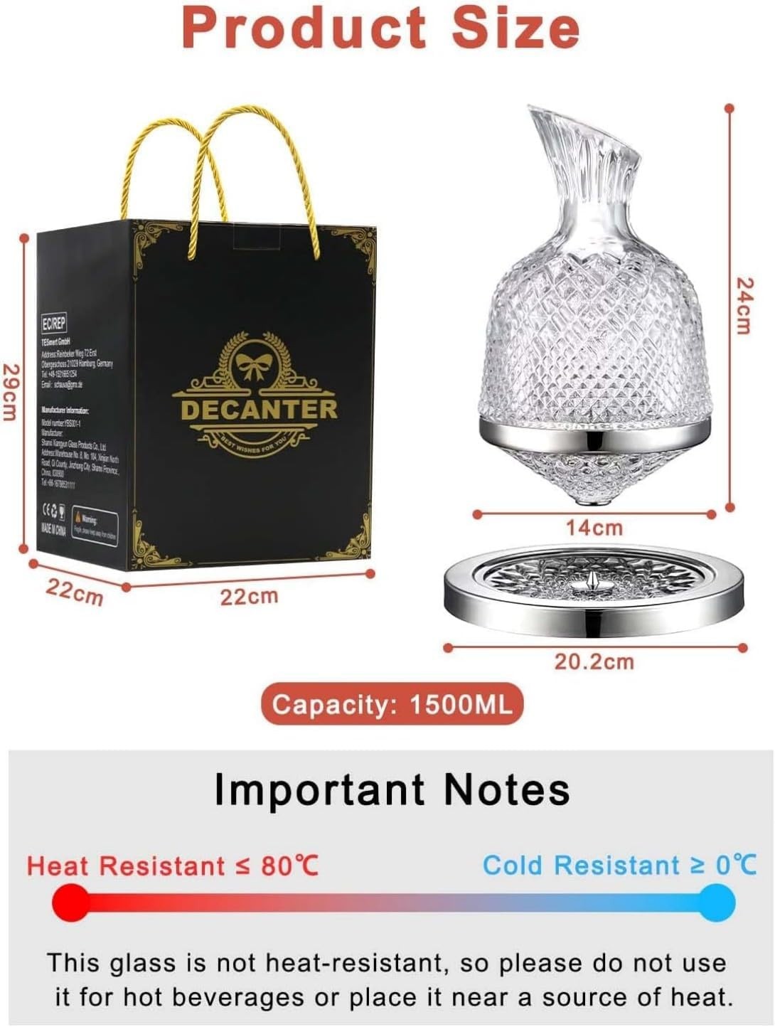 1500ml Crystal Wine Decanter 360° Rotating Aeration Set Luxury Gift Home Bar