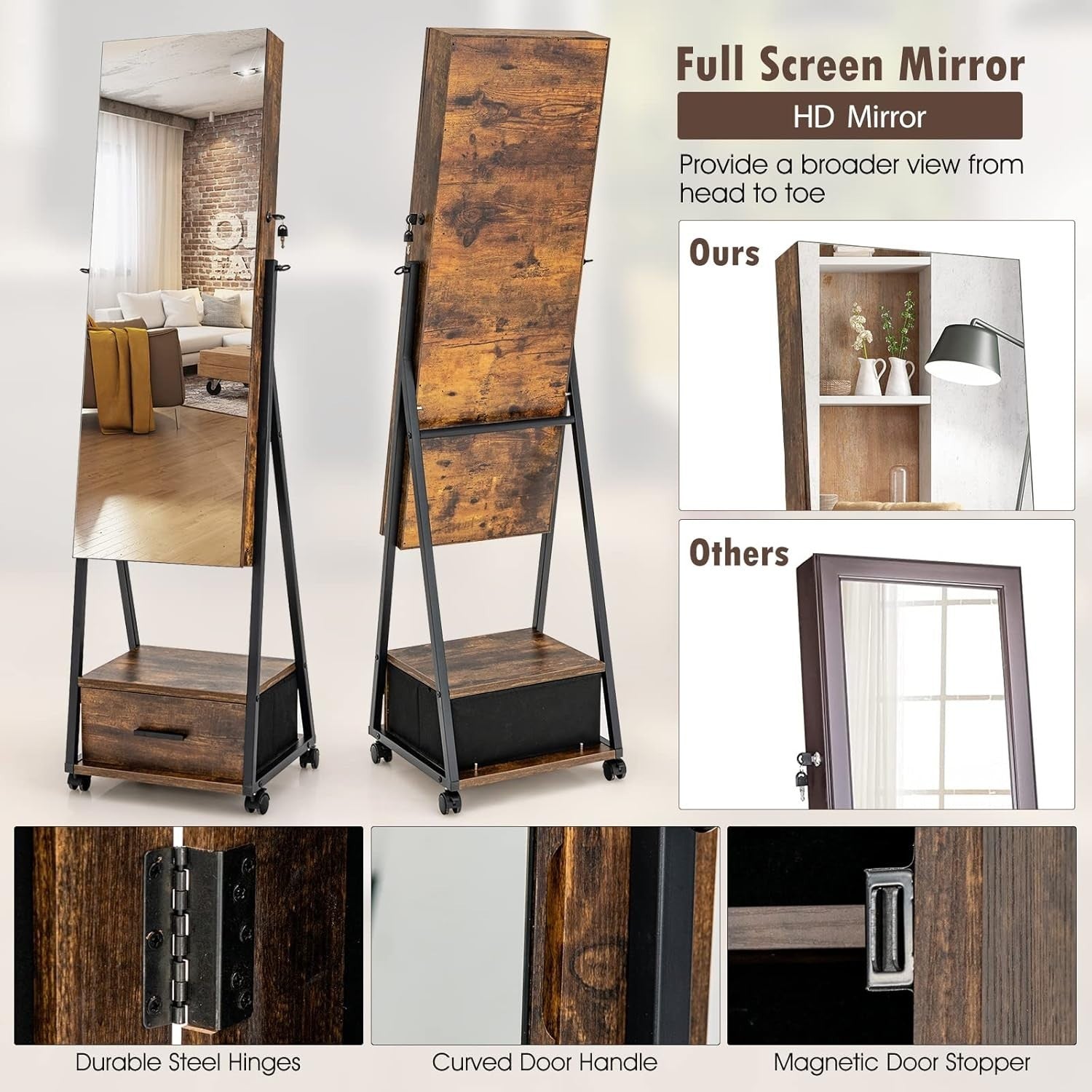 Mobile Jewelry Cabinet with Wheels Lockable Full Length Mirror Organizer