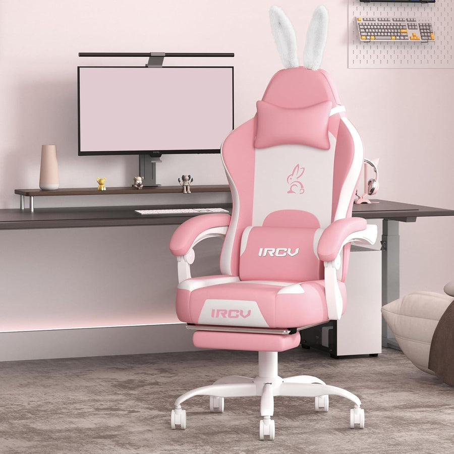 Pink Gaming Chair Memory Foam Reclining Office Desk PC Swivel Racer Seat
