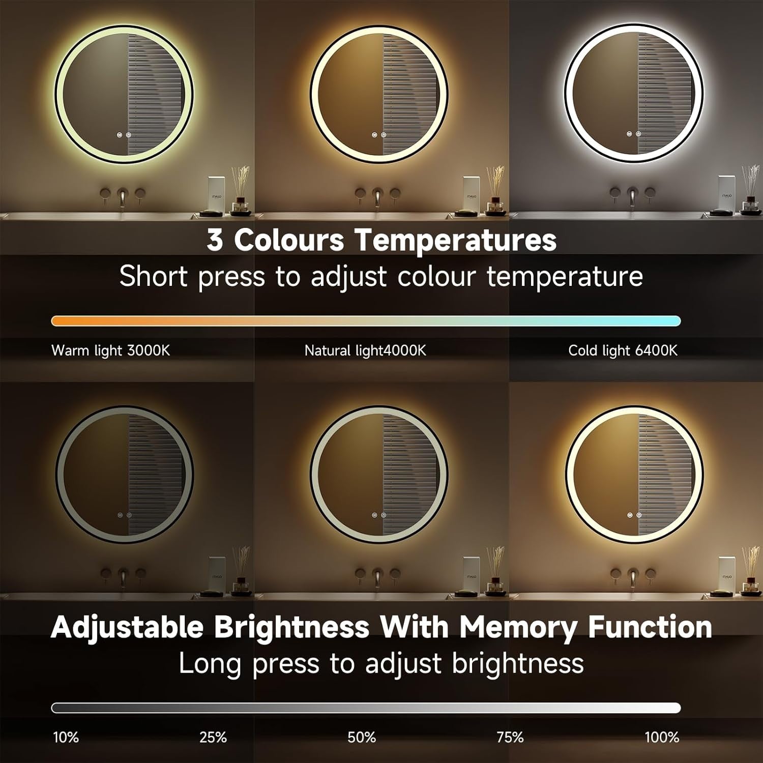 LED Bathroom Mirror 60cm Round RGB Dimmable Anti-Fog Touch Control