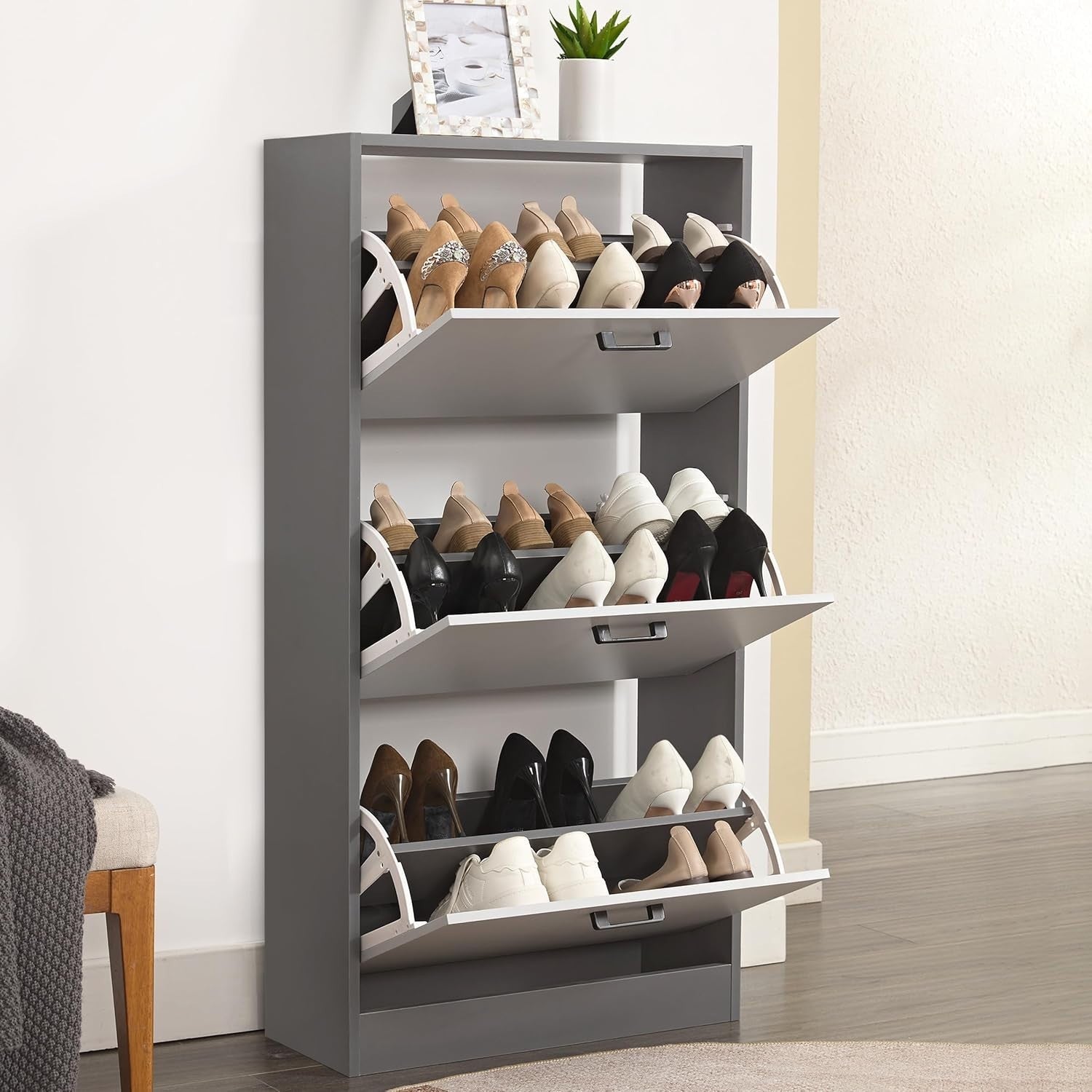 3 Drawer Shoe Storage Cabinet Grey Slim Pull Down Organiser Hallway Unit