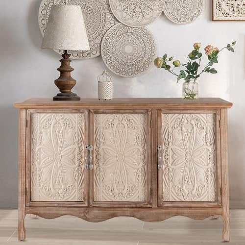French Country Buffet Cabinet with 3 Doors Large Storage Natural Wood