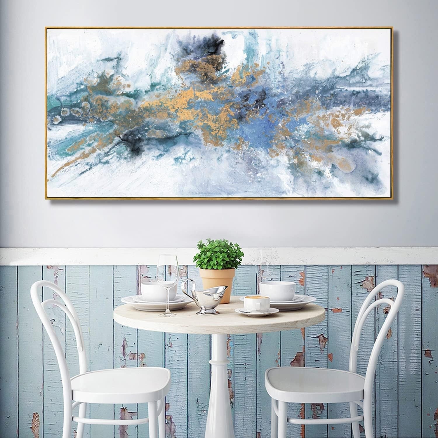 Large Abstract Wall Art Canvas – Navy Blue Yellow Modern Fantasy Print