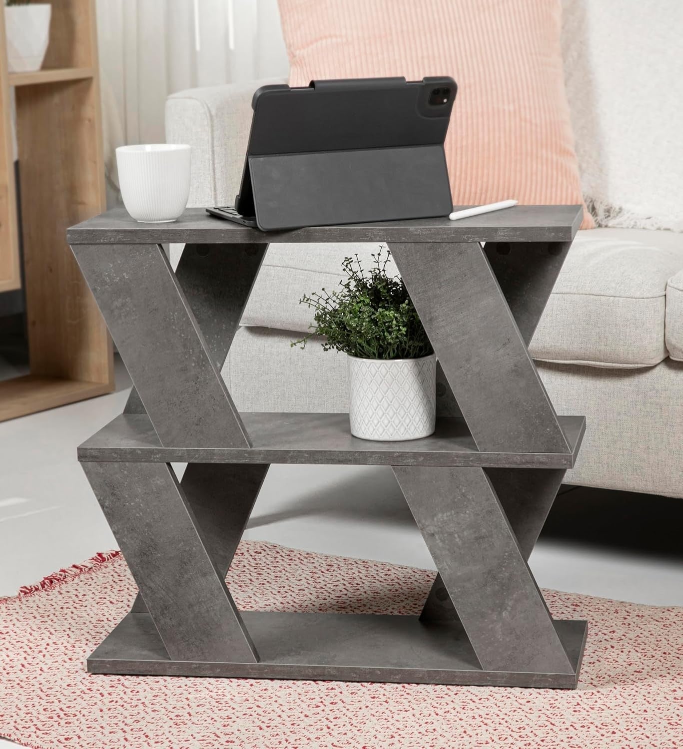 Slim 2 Tier Narrow Side Table with Storage | Grey Modern End Table 60cm