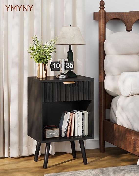 Mid Century Black Bedside Table, Fluted Nightstand with Drawer & Shelf, Solid