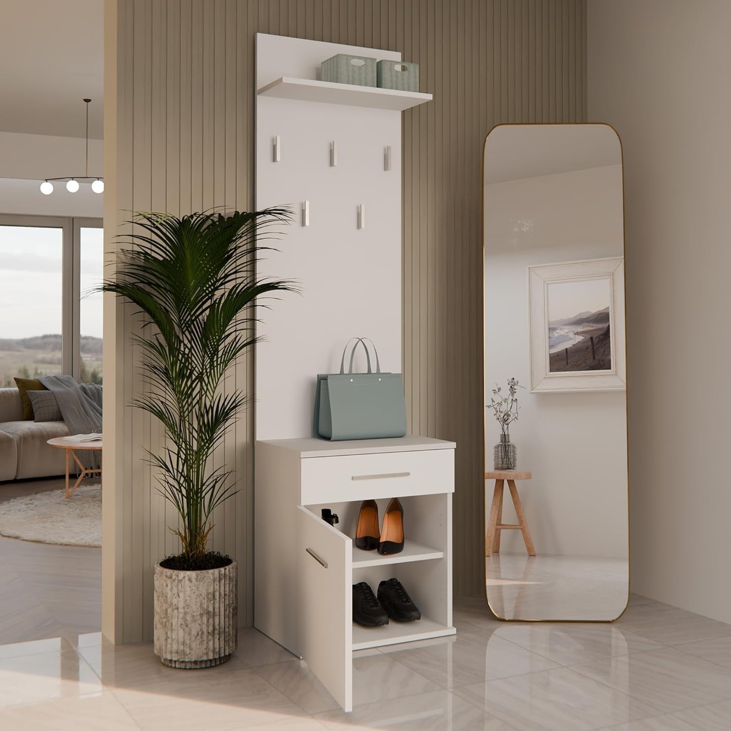 Slim White Entryway Wardrobe with Hanging Rail & Shelves | 180cm Tall