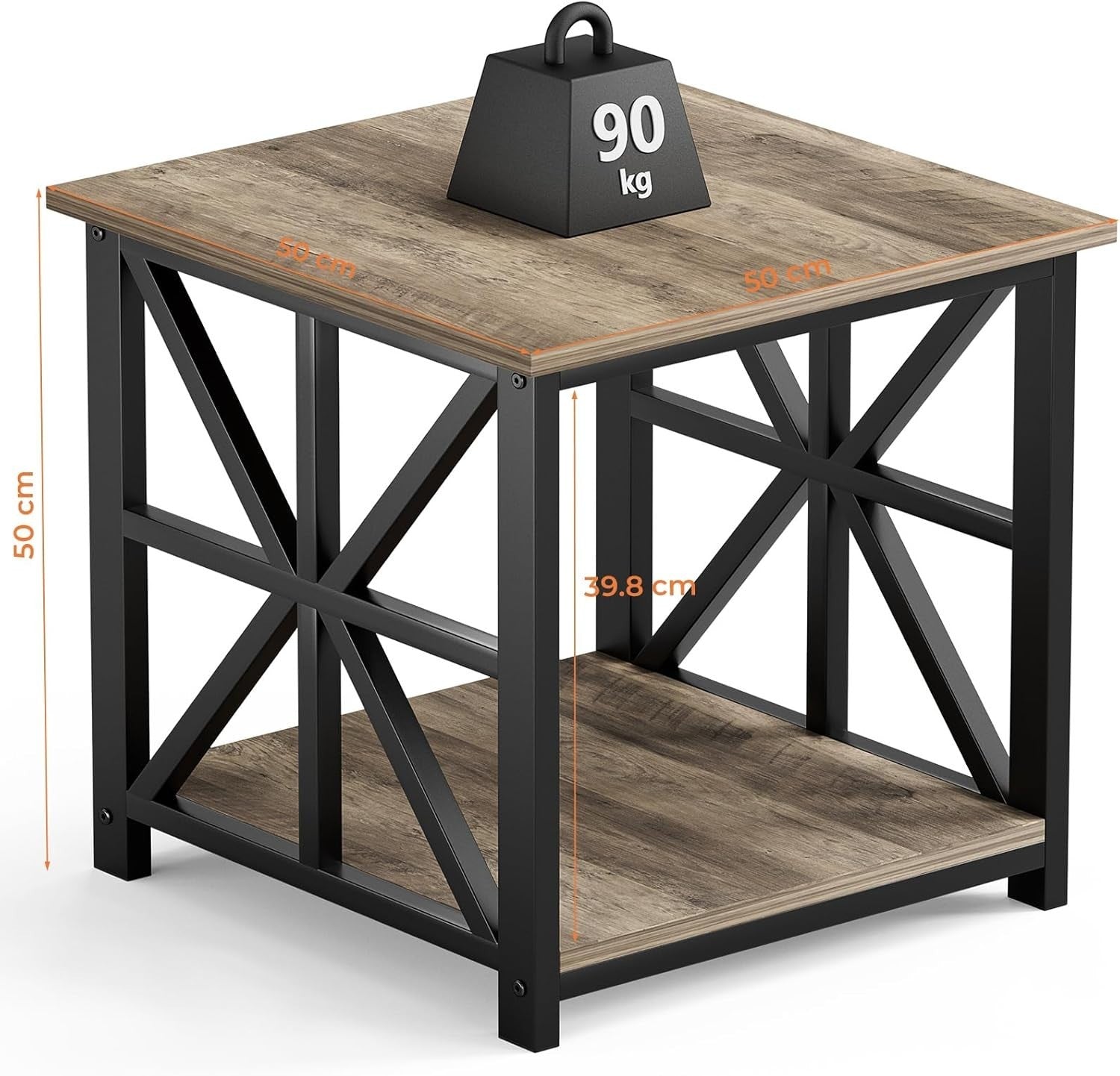 2-Tier Storage Side Table 50x50cm Square End Table Grey Wash Durable