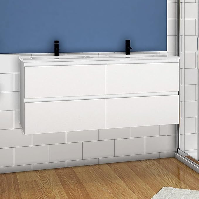 1200mm Wall Hung Gloss White Vanity Unit – Double Basin Sink 4 Drawer Cabinet