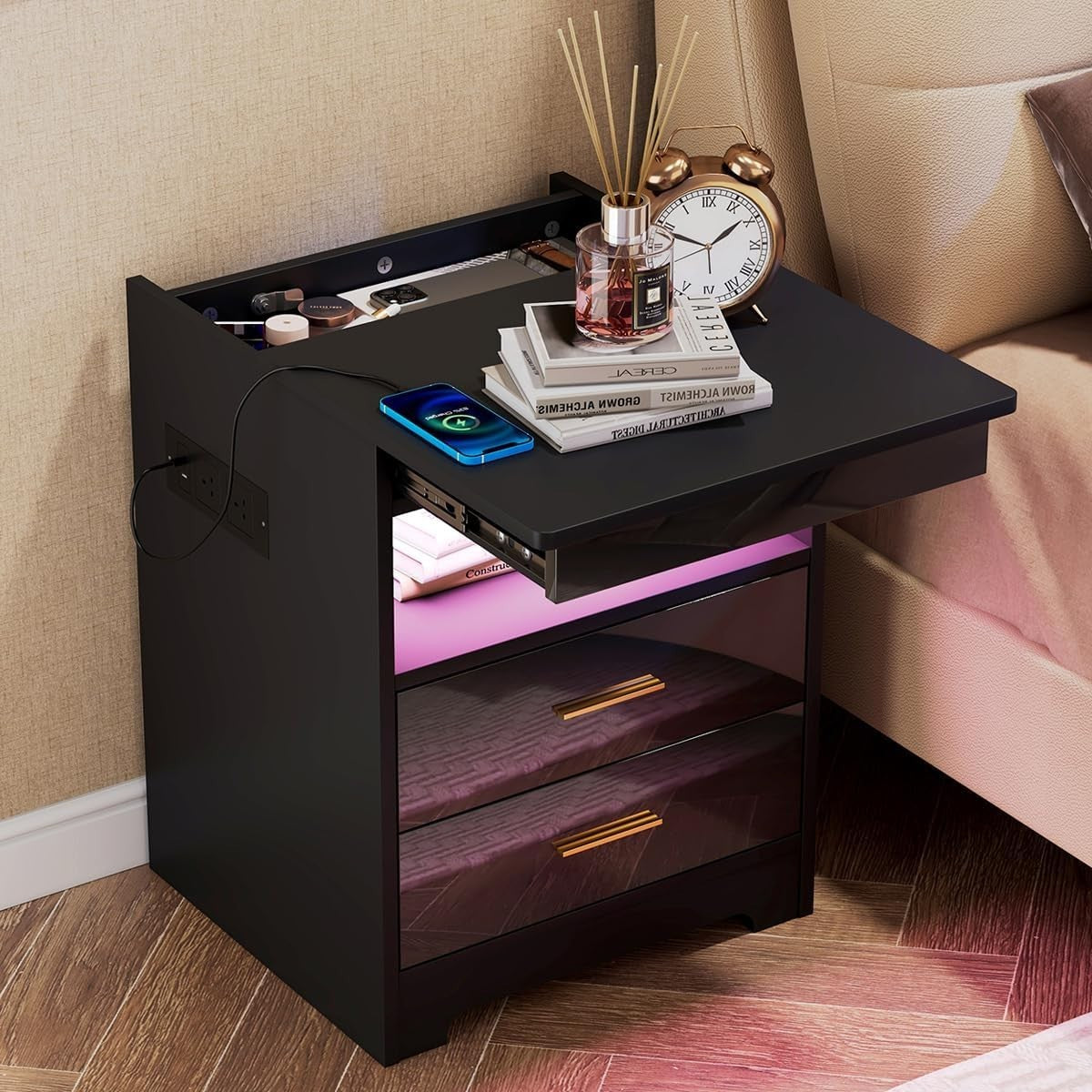 Modern LED Bedside Table with USB Charging, 2 Drawers + Shelf, Gloss Finish