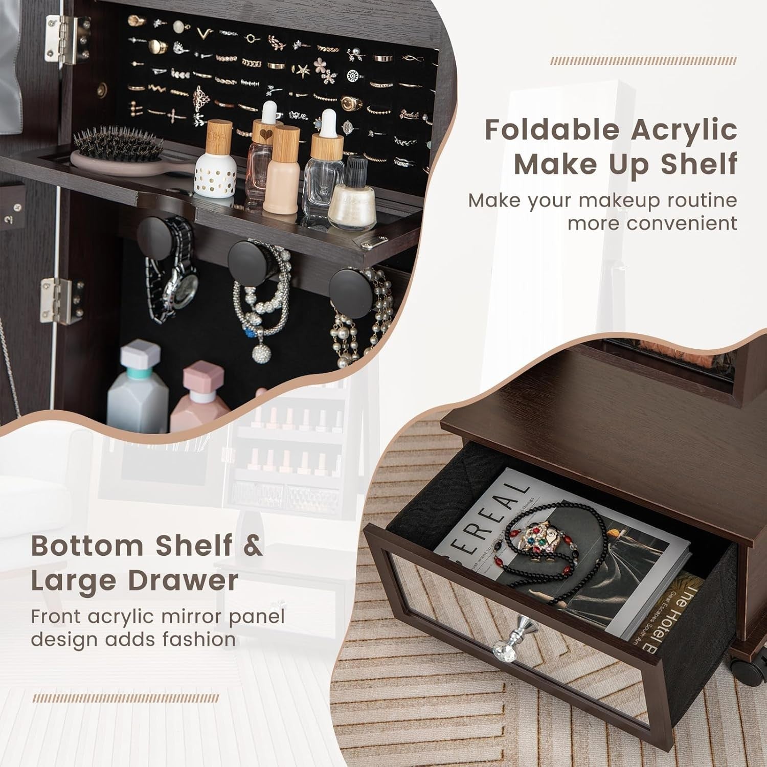 LED Standing Jewelry Armoire Lockable Mirror Cabinet with Wheels Coffee
