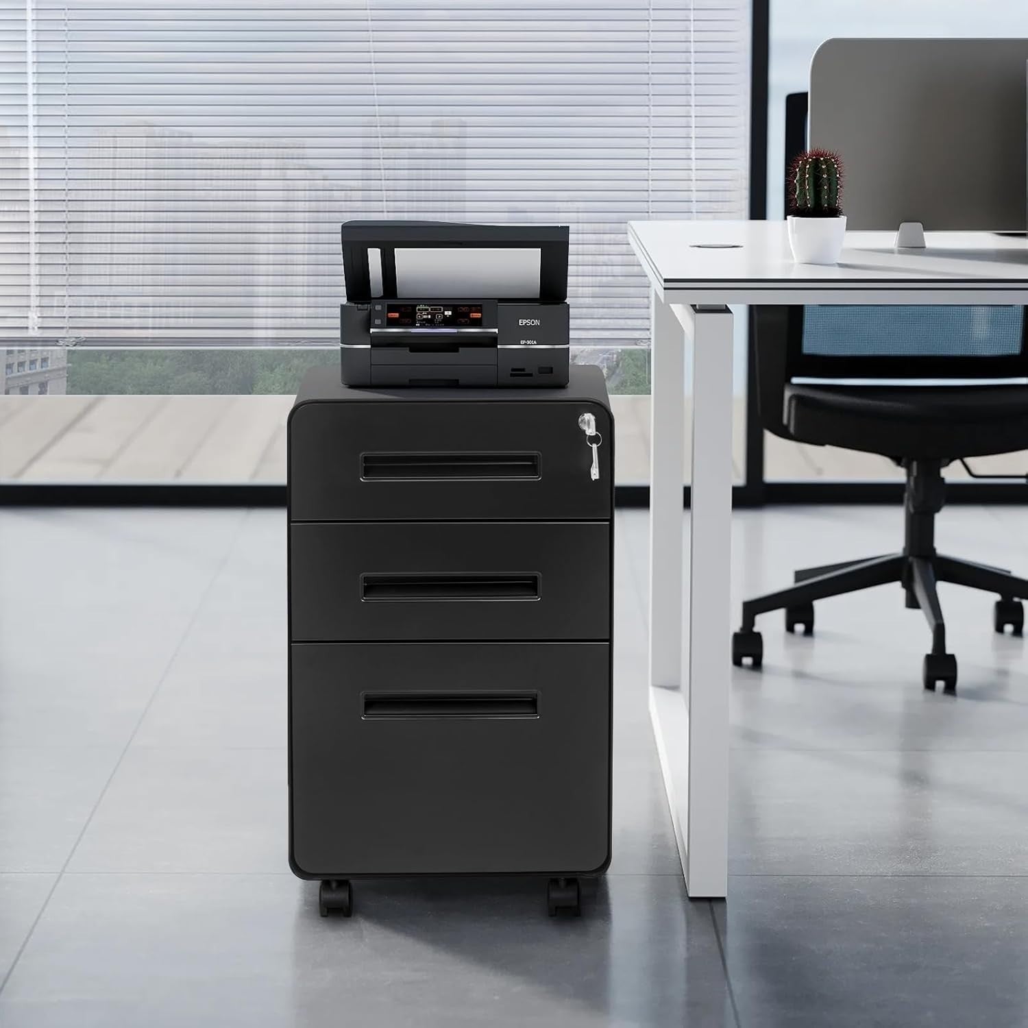 Black 3 Drawer Lockable Mobile File Cabinet 51x40x63.5cm