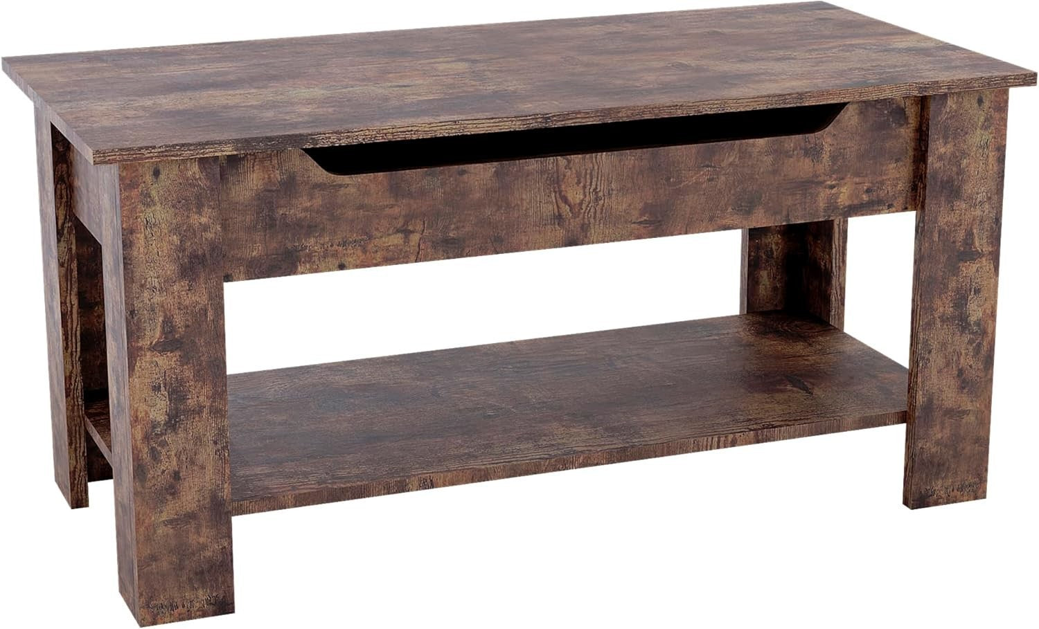 Lift Up Coffee Table with Hidden Storage & Shelf, Modern Dark Wood 100cm