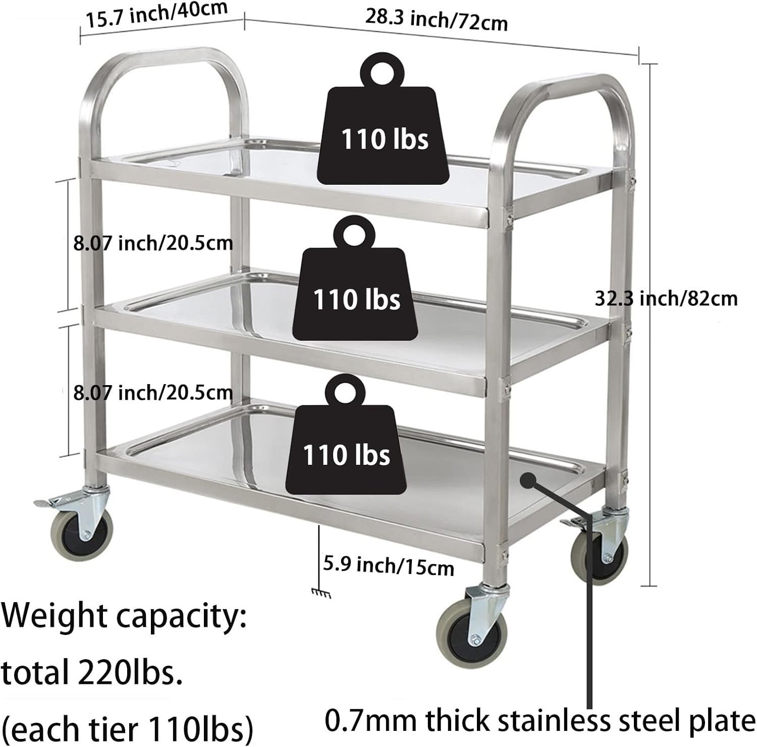 Stainless Steel 3 Tier Serving Trolley 750x400x835mm